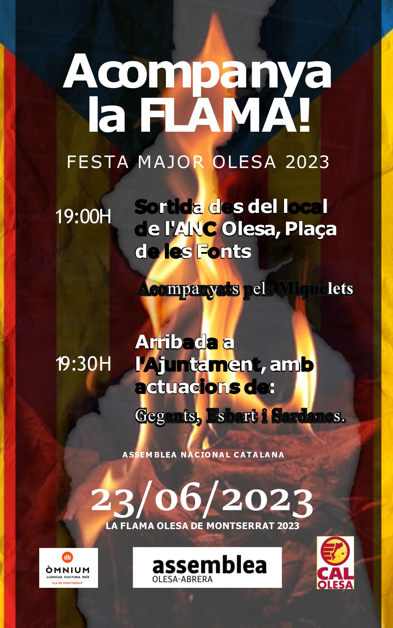 Cartell de l'arribada de la Flama del Canigó a Olesa per la Festa Major 2023