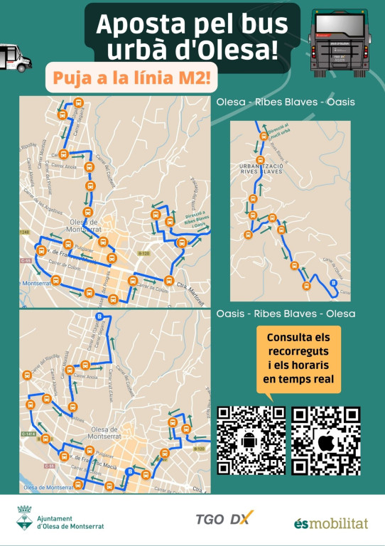 Cartell amb itinerari del Bus urbà M2, Oasis-Ribes Blaves-Olesa amb codis QR en temps real