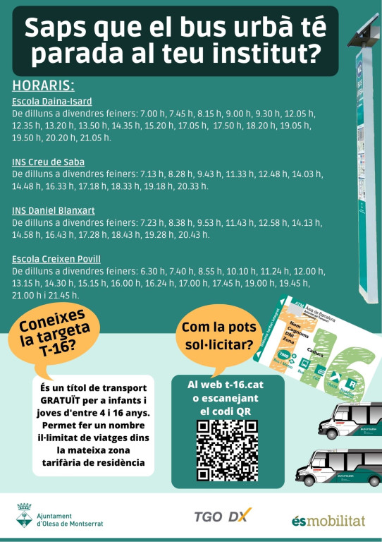 Cartell amb horaris del bus urbà que té parada als Instituts d'Olesa i informació de la targeta T16
