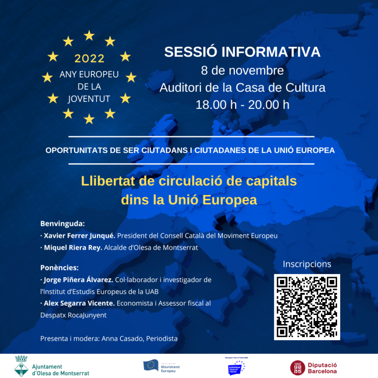 Cartell Blau amb fons Unió Europea amb les dades sobre la sessió informativa (data , hora i lloc), Codi QR per inscripcions