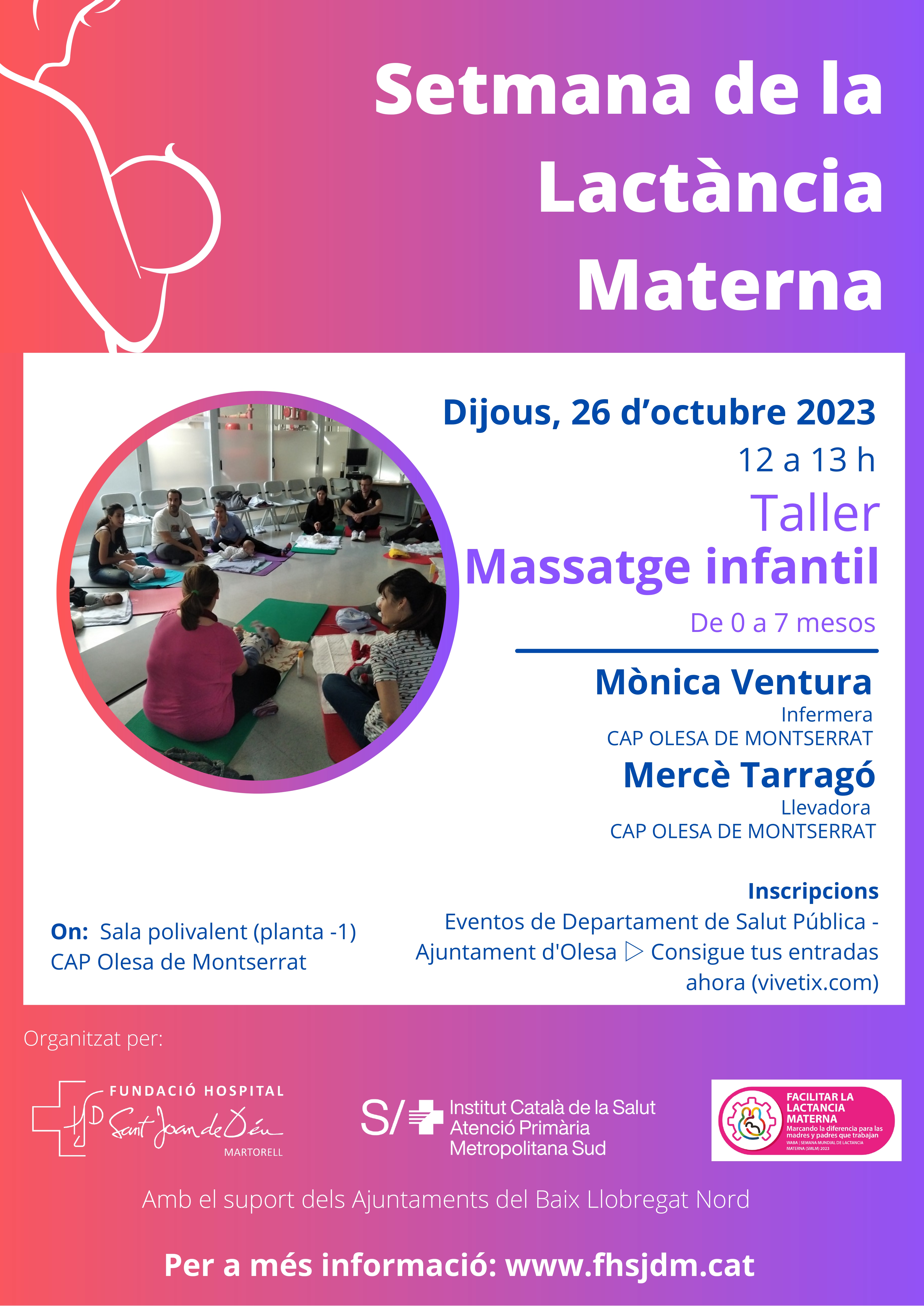 Cartell del taller de massatge infantil per a la Setmana de la Lactància Materna 2023