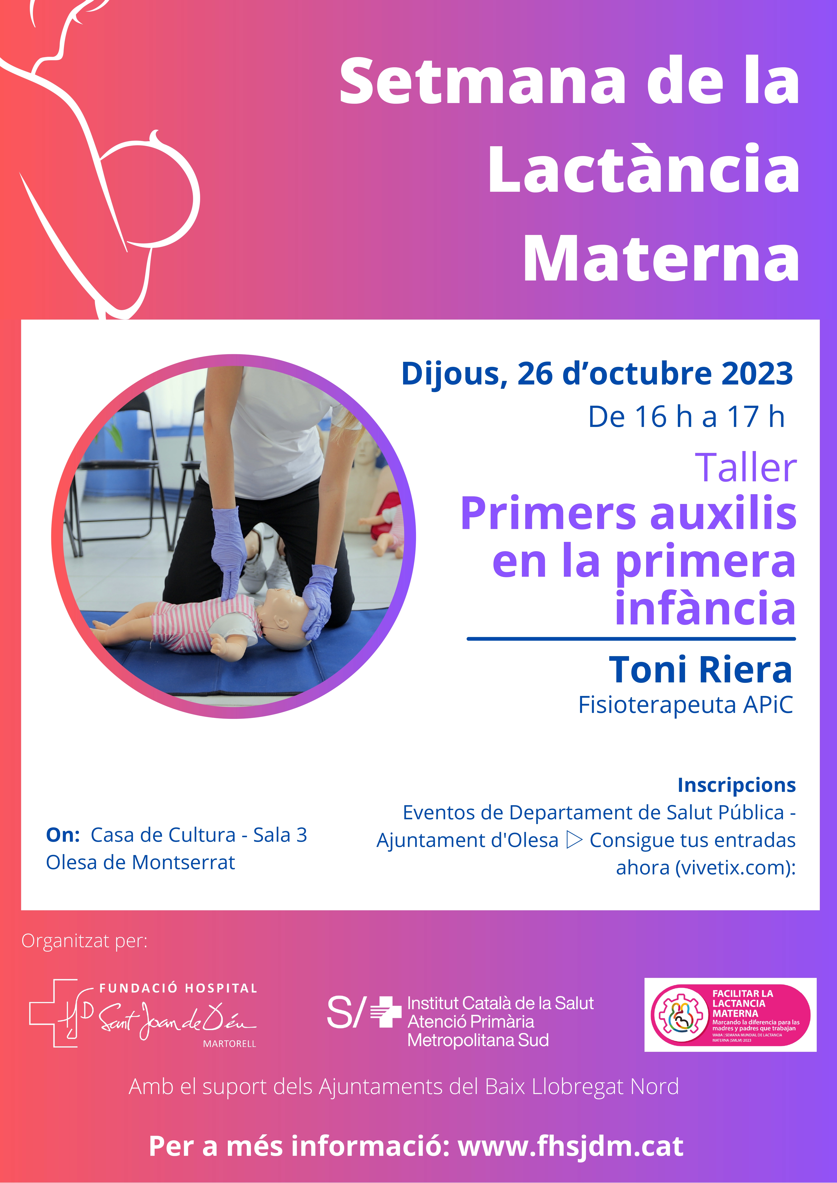 Cartell del taller sobre primers auxilis en la primera infància per a la Setmana de la Lactància Materna 2023