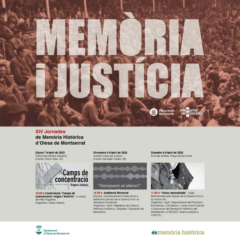 Cartell amb fotografia antiga de fons amb les lletres de Memòria i Justícia. Amb les dades i hores en que es fant els actes.
