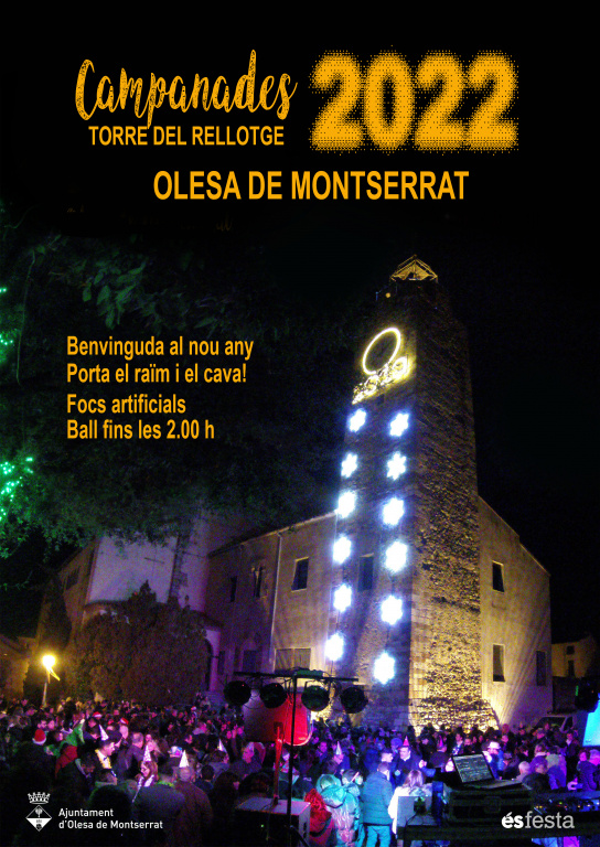 Cartell amb la imatge de la torre del rellotge enllumenada amb gent esperant que arribi les 12 de la nit