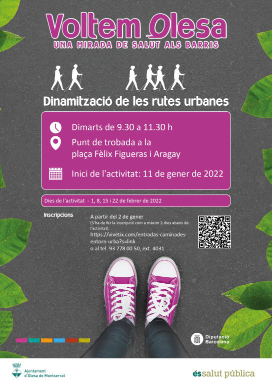 Cartell amb informació de les caminades de l'entorn urbà amb una foto d'uns peus a punt de caminar