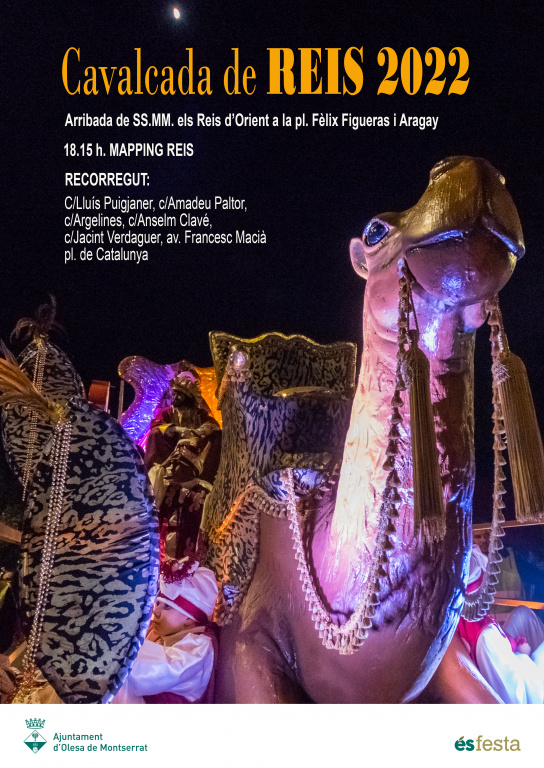 Cartell de la informació de la cavalcada de Reis amb el recorregut i la foto de la figura dels camells dels reis mags