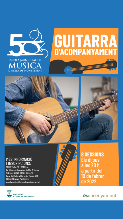 Cartell amb informació del Taller de Guitarra d'acompanyament i fotografia d´unes mans tocant la guitarra