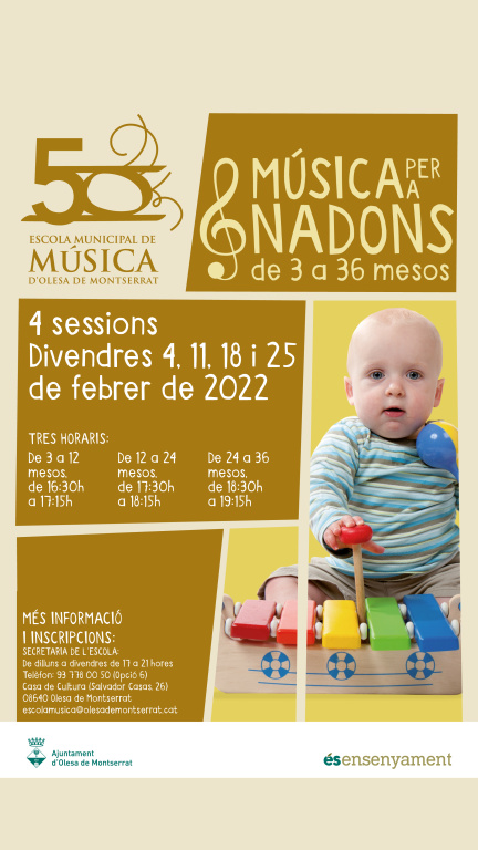 Cartell amb informació del Taller de música per a nadons amb fotografia d'un nadó tocant un xilofon