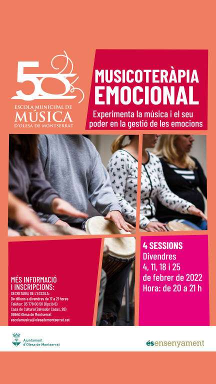 Cartell amb informació del Taller de musicoteràpia emocional amb fotografia de persones tocant instruments