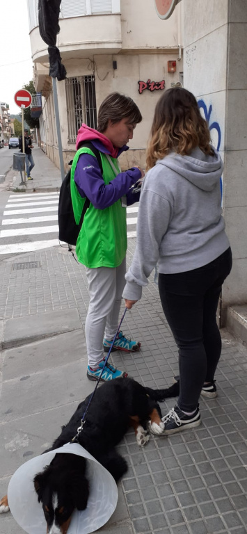 Informadora de la campanya control de coloms informant a una noia que passeja el gos