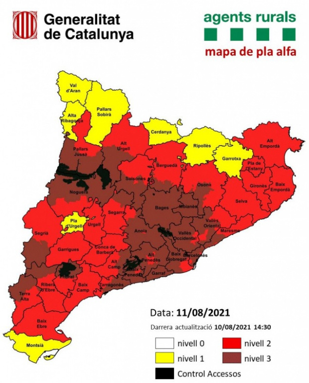 Mapa descriptiu de Catalunya dels nivells del pla alfa de risc d'incendi