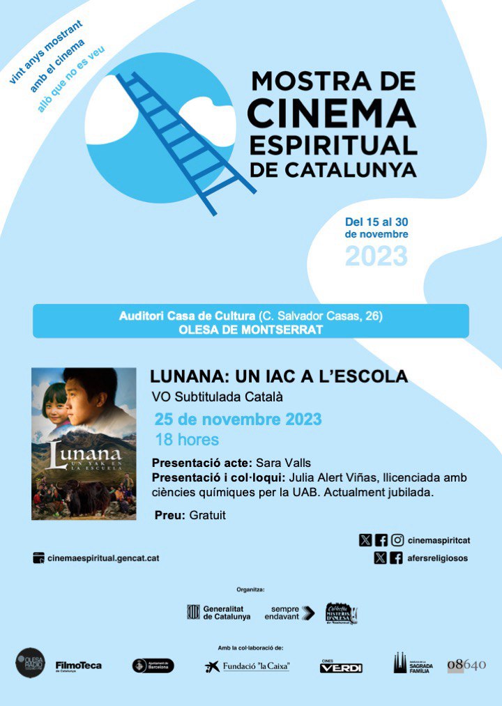 Cartell de la Mostra de Cinema Espiritual de Catalunya a Olesa, amb la pel·lícual "Un iac a l'escola"