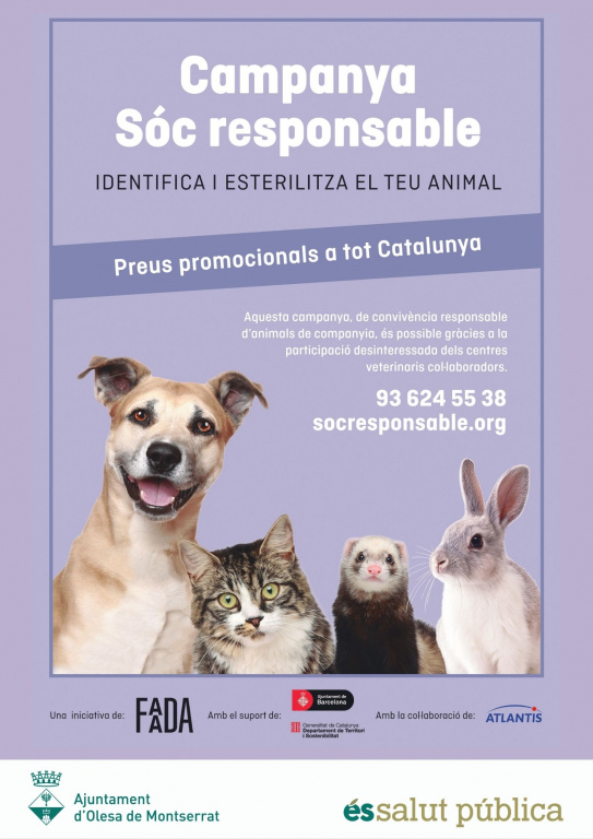 Cartell de la Associació FAADA per identificar i esterilitzar els animals amb fotografia d'un gos, un gat, una fura i un conill