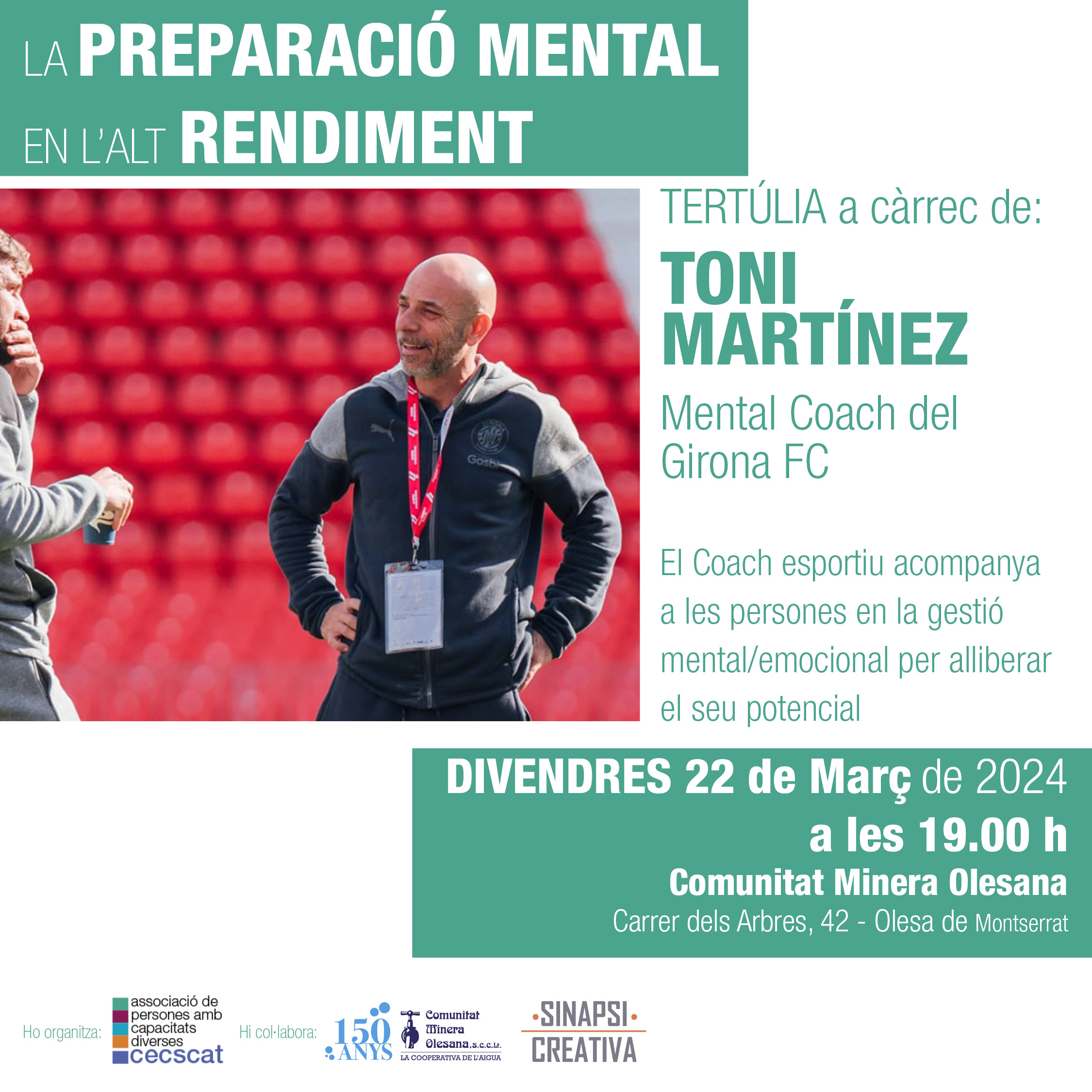 Cartell de la tertúlia del coach mental, Toni Martínez març 2024