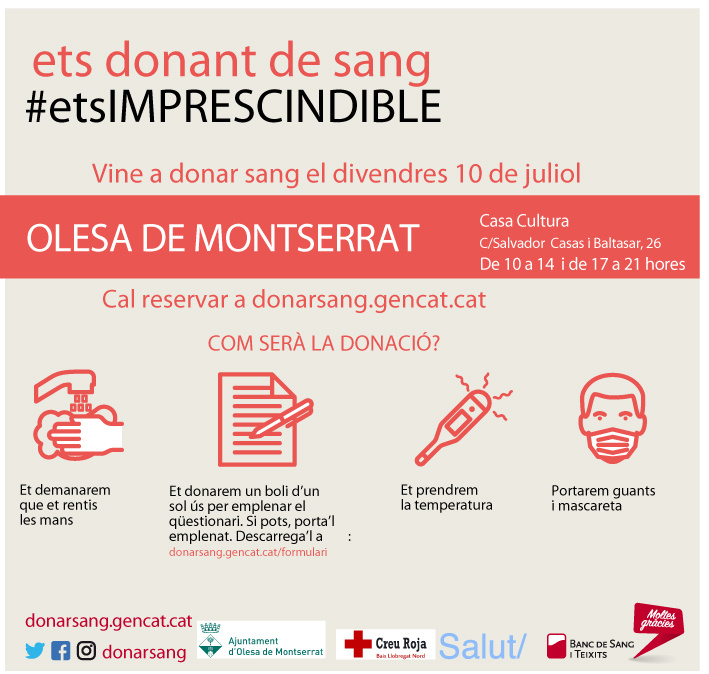 El Banc de Sang visita Olesa de Montserrat el divendres 10 de juliol