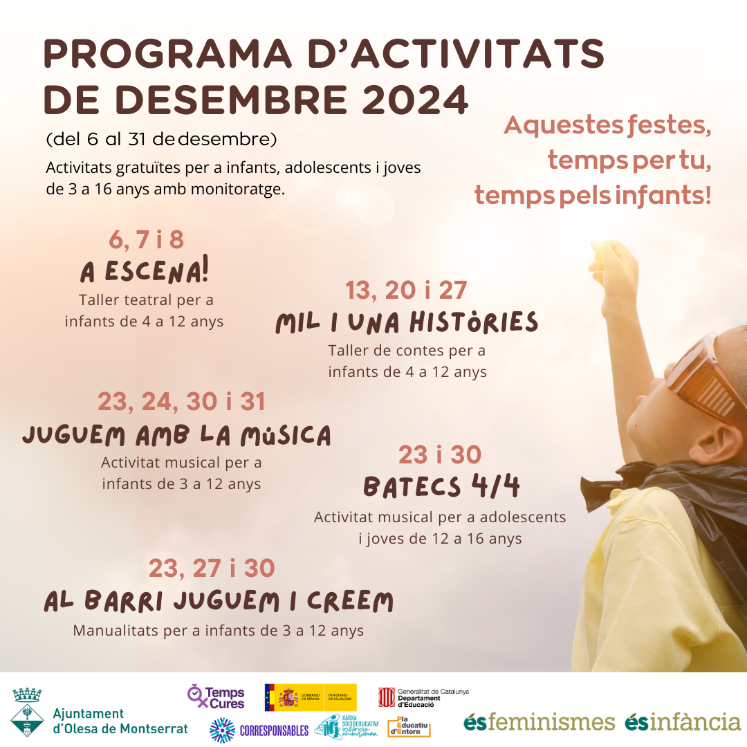 Cartell de les activitats pel desembre de 2024 organitzades pel Departament d'Educació i infància