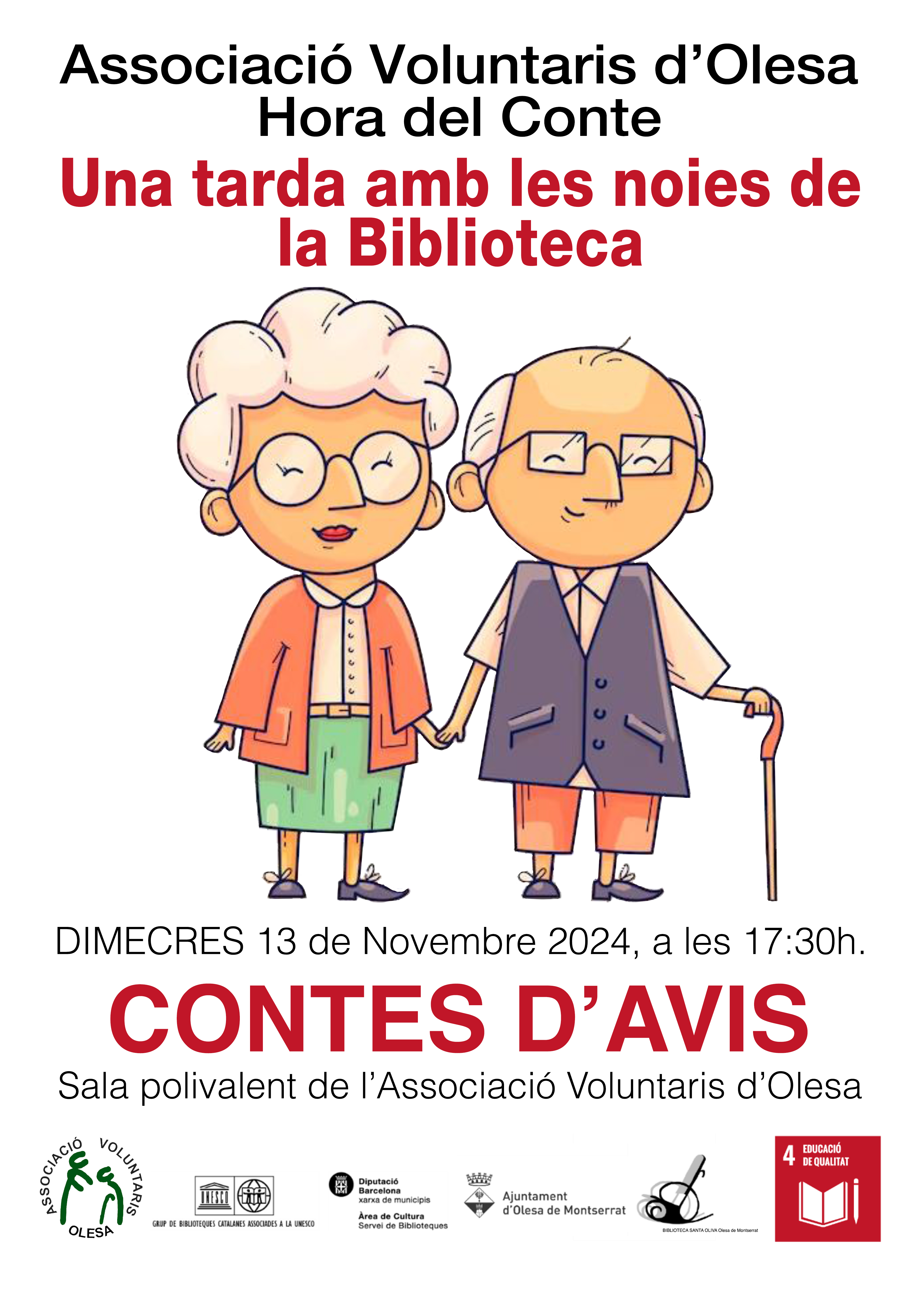 Cartell de la tarda de contes amb la Biblioteca Santa Oliva i l'AVO novembre 2024