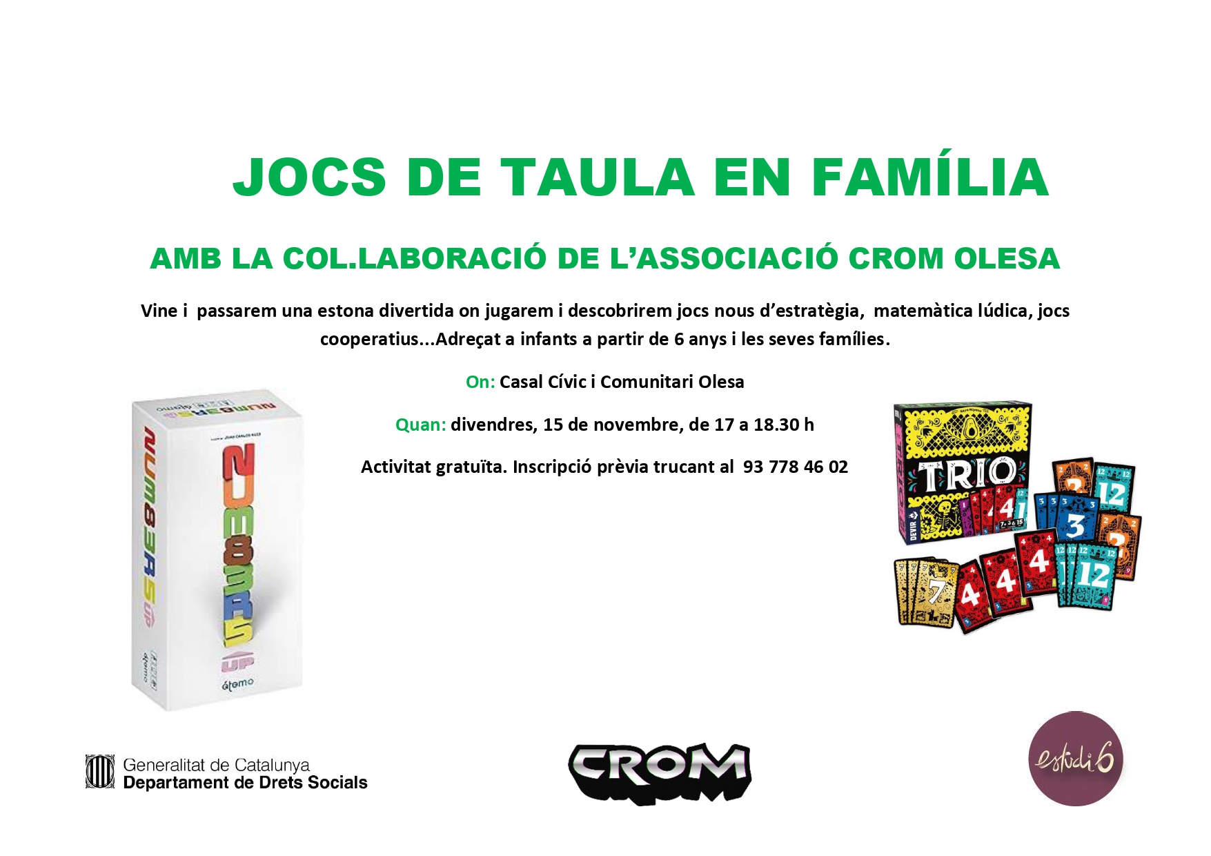 Cartell de la tarda de jocs en família al Casal Cívic i Comunitari d'Olesa novembre 2024