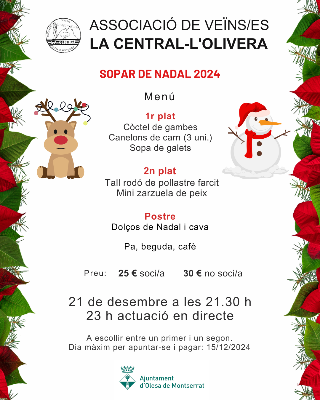 Cartell i menú del sopar de Nadal de l'Associació de Veïns i Veïnes de La Central - L'Olivera