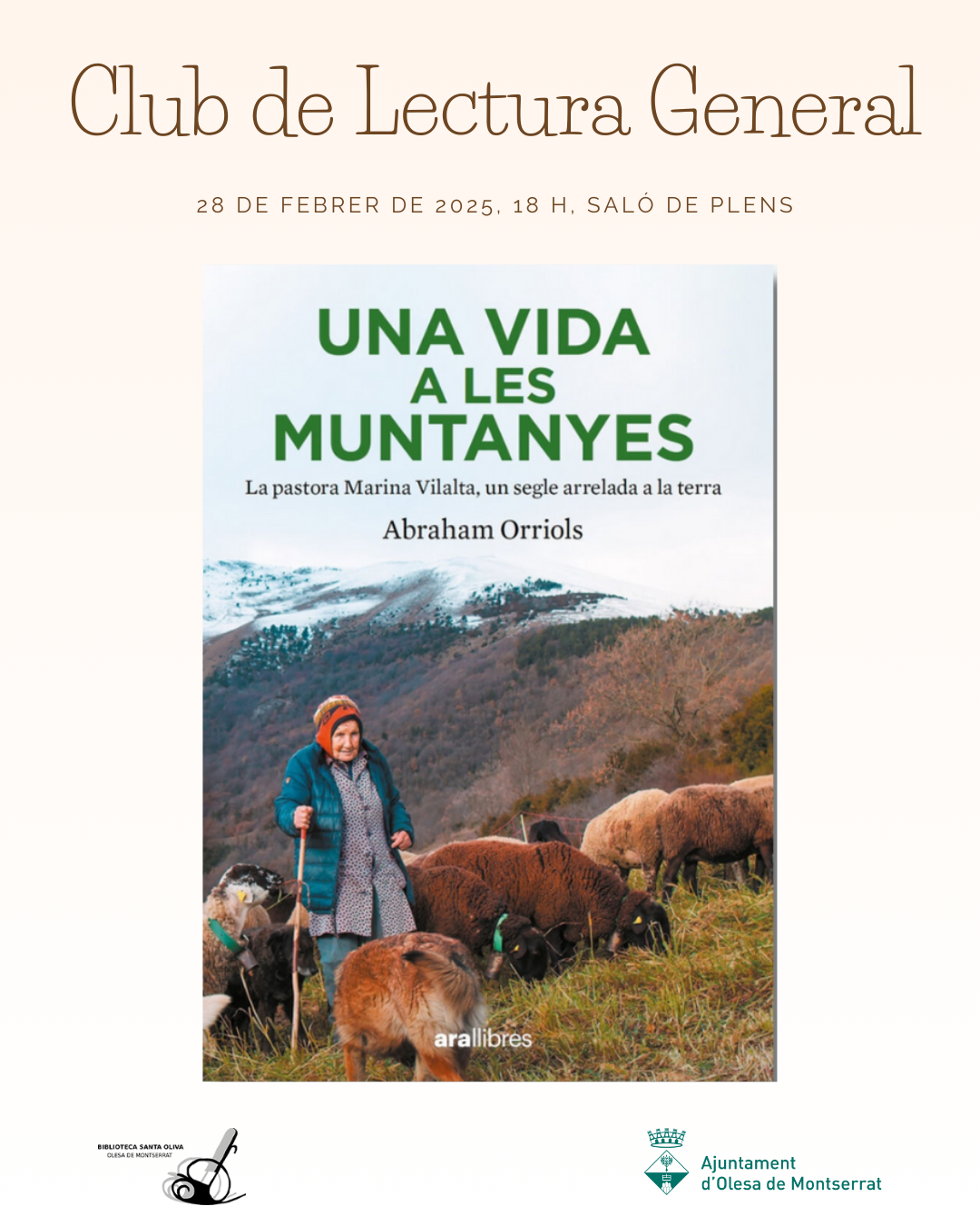 Cartell del club de lectura general del mes de febrer de 2025 amb el llibre "Una vida a les muntanyes"