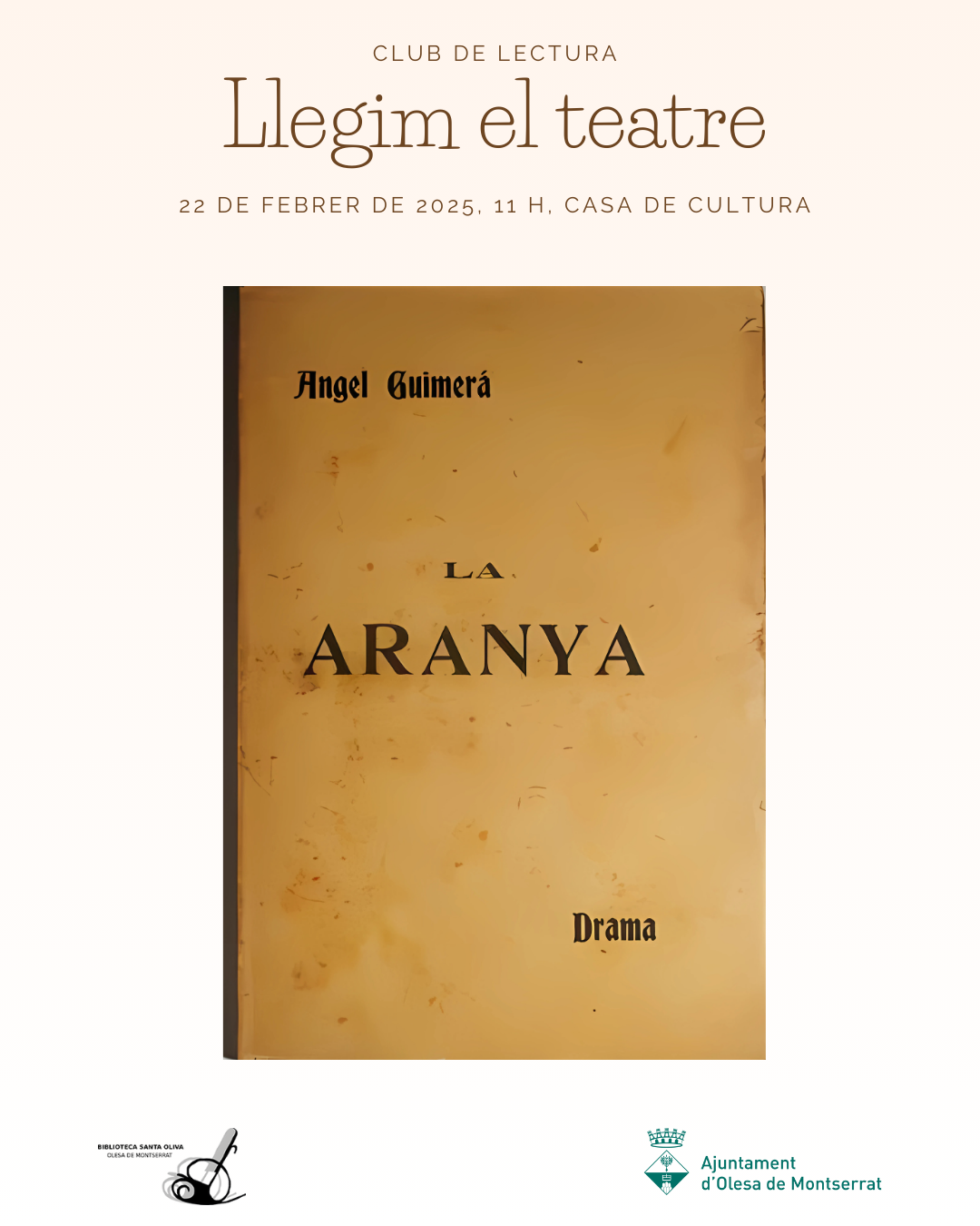 Cartell del club de lectura Llegim el Teatre amb l'obra Aranya pel febrer de 2025