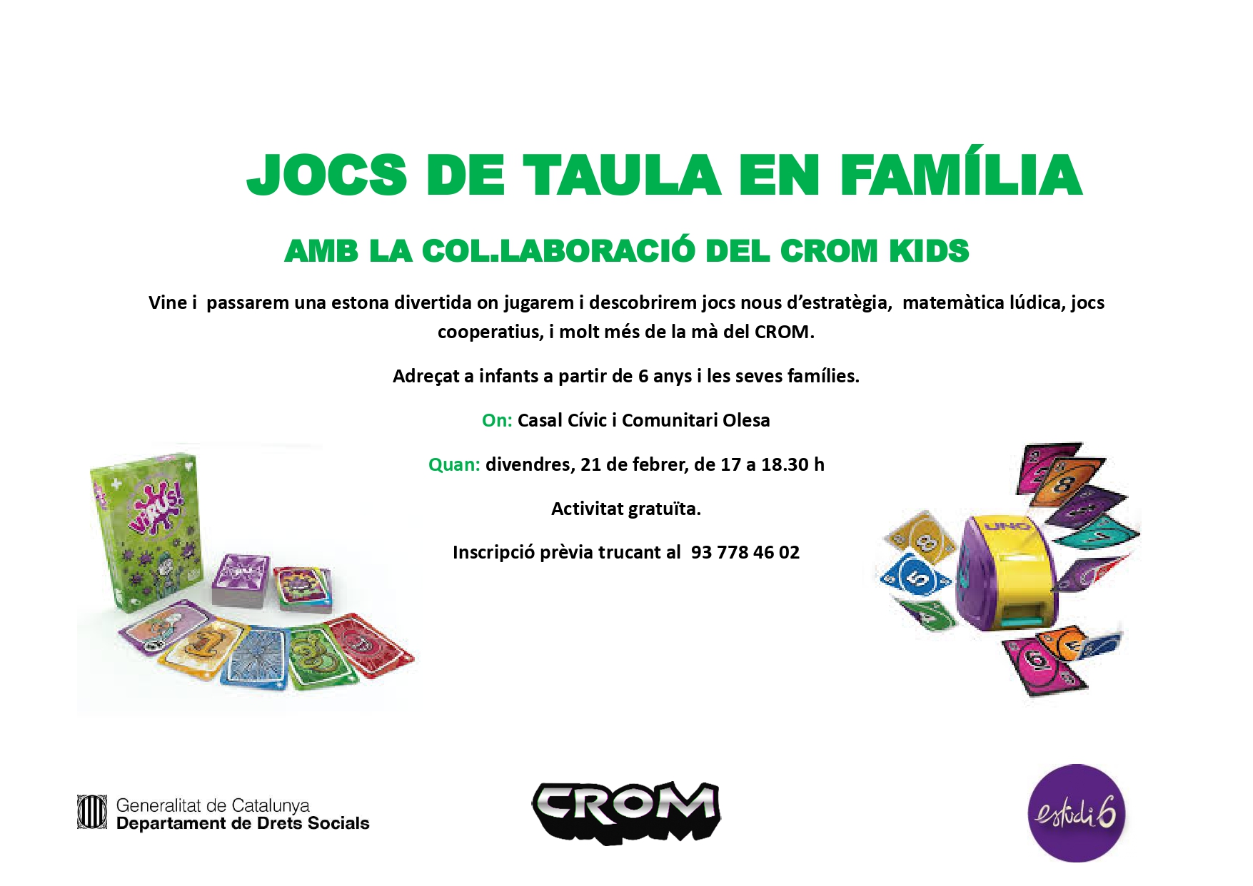 Cartell de la tarda de jocs de taula al Casal Cívic i Comunitari d'Olesa amb el CROM