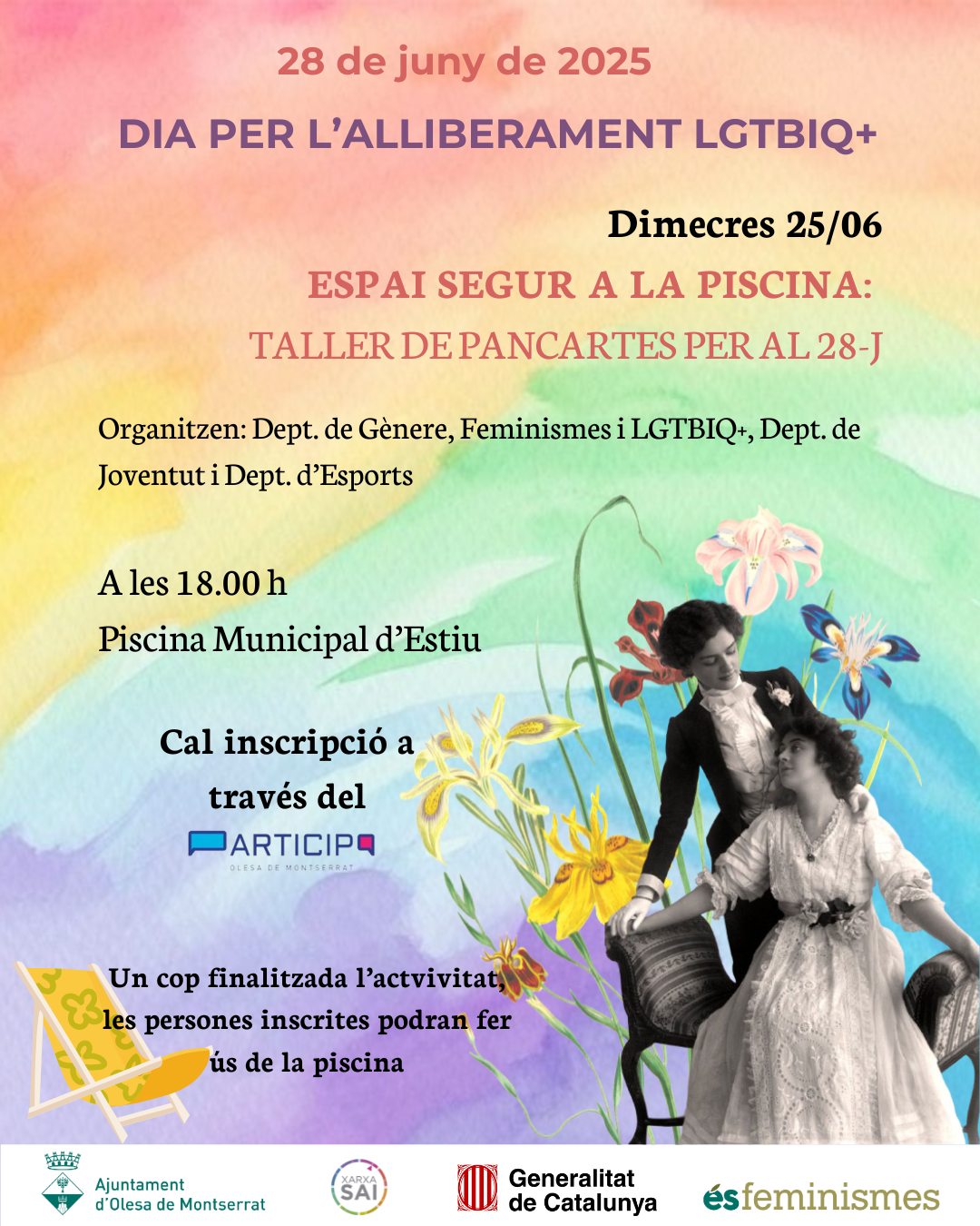 Cartell del taller de pancartes pel 28J a la Piscina Municipal, juny 2025