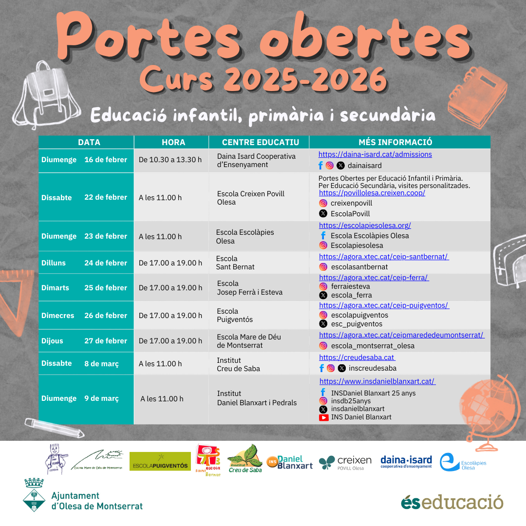 Calendari de Portes Obertes curs 2025-26